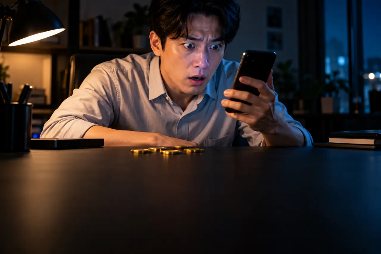 휴대폰을 보며 놀란 30대 직장인과 책상 위 코인