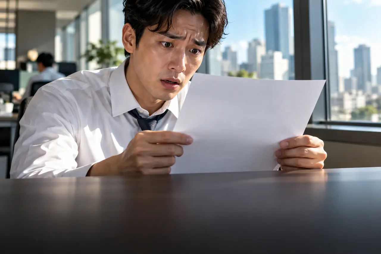 낮 사무실 창가에서 대출 서류를 보고 놀란 30대 직장인