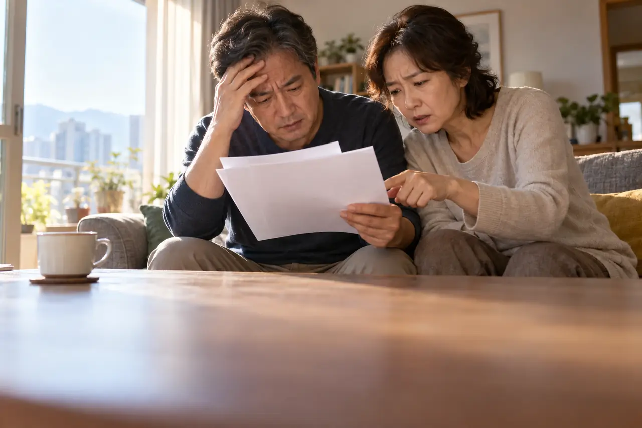 거실 소파에서 은행 대출 안내문을 같이 보며 당황한 50대 부부