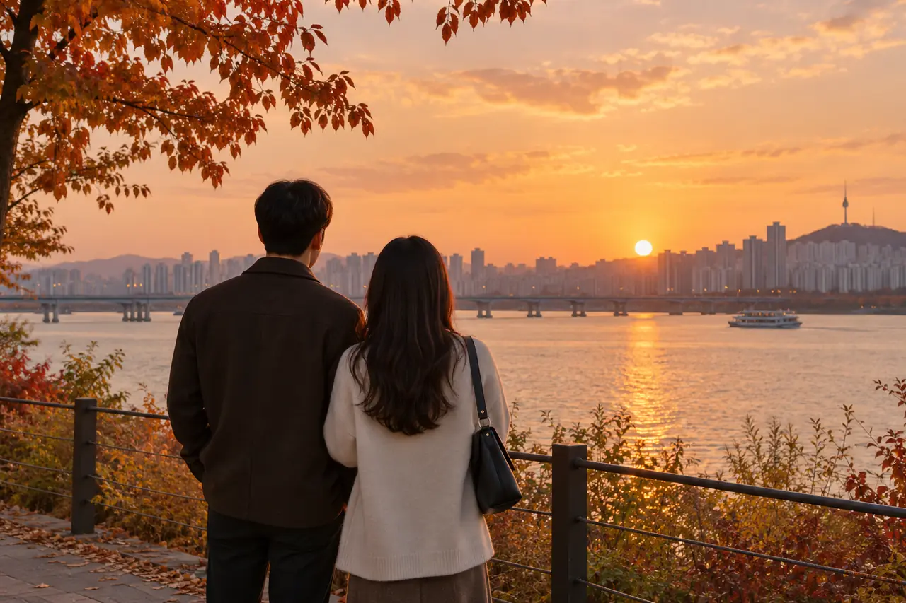 강변 산책로에서 멀리 아파트 단지를 바라보는 부부의 뒷모습