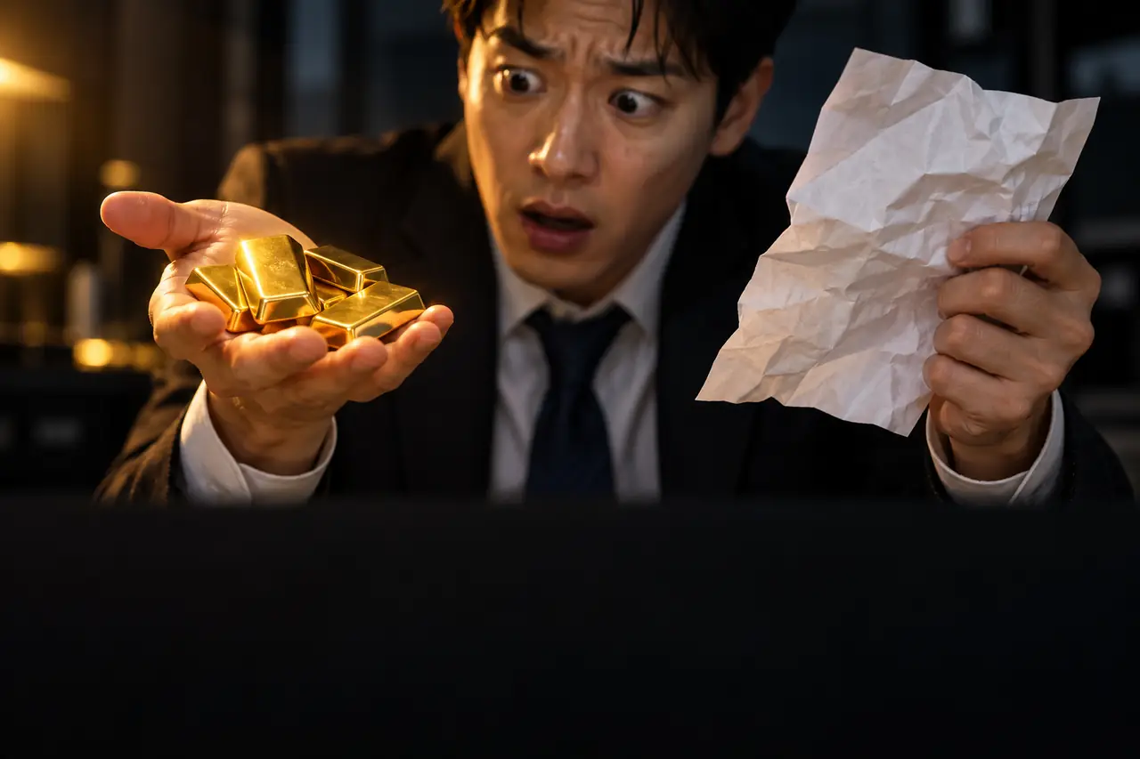 금괴와 세금 고지서를 들고 놀란 직장인