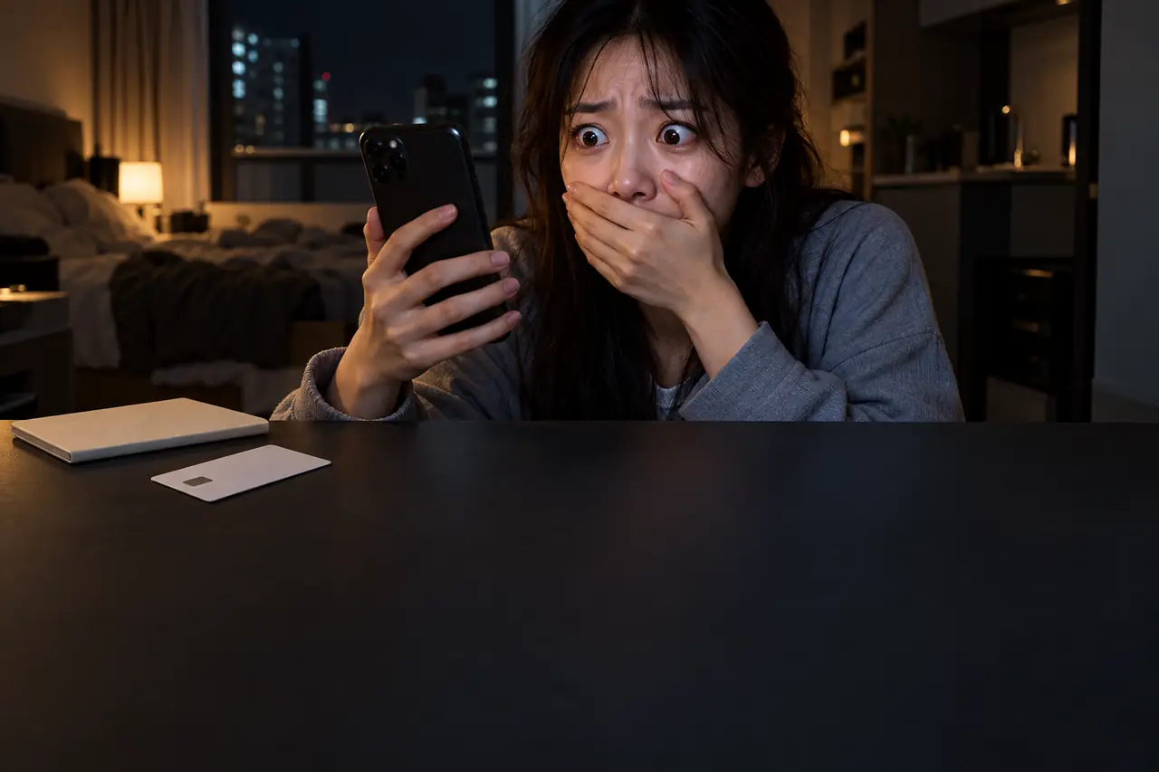 통장과 체크카드 앞에서 놀란 표정으로 휴대폰을 든 청년