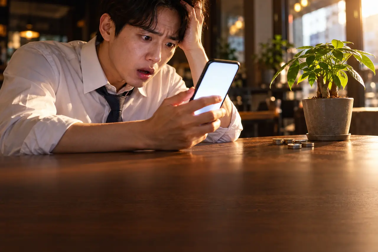 휴대폰을 보며 허탈해하는 직장인과 작은 화분