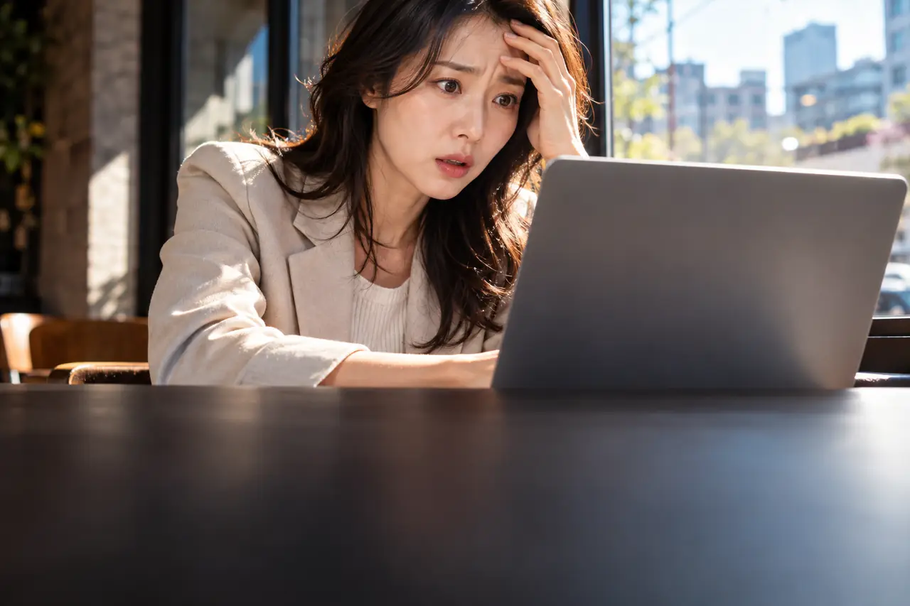 카페에서 노트북 앞에 앉아 허탈한 표정을 짓는 30대 직장인