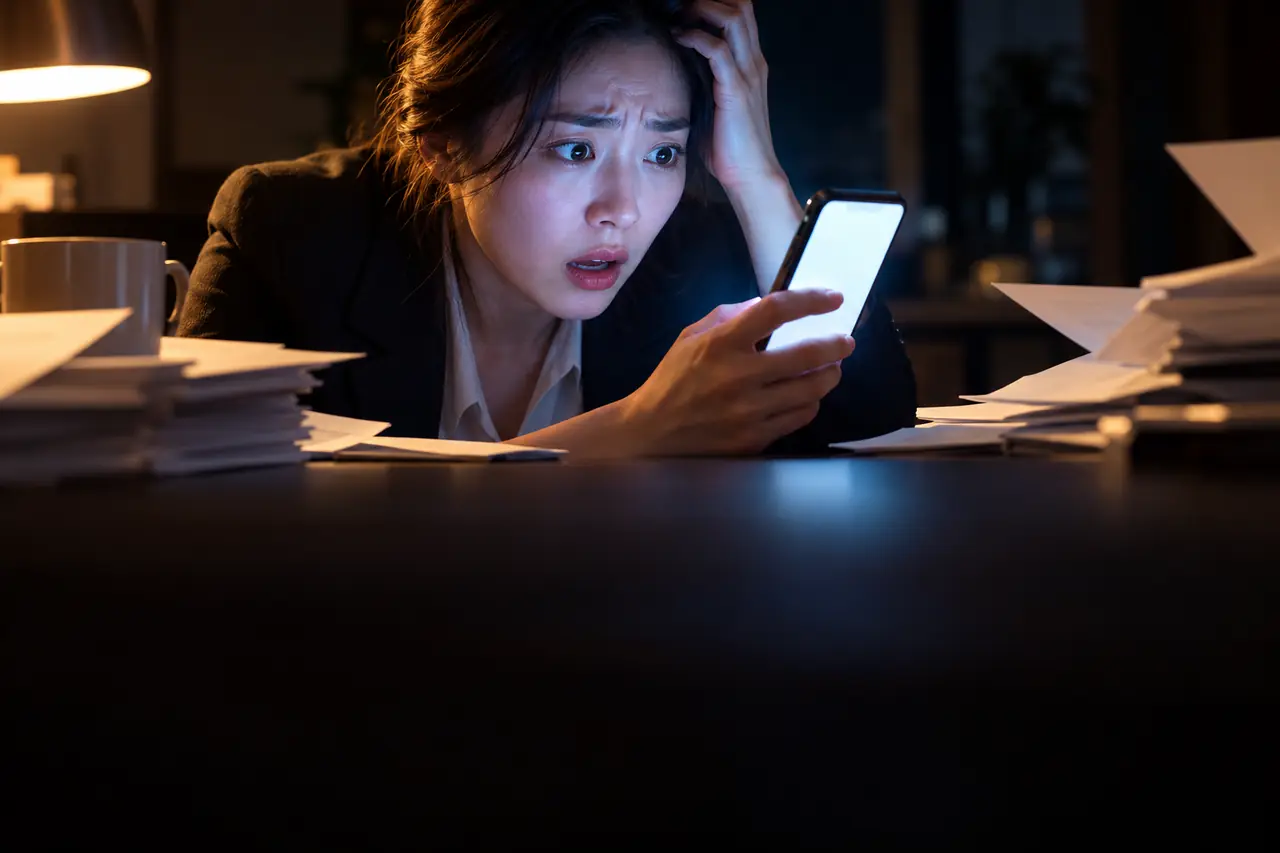 휴대폰을 보며 놀란 표정의 직장인