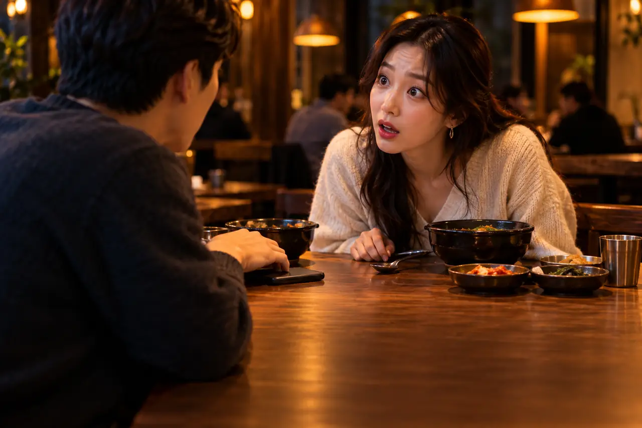 저녁 식당에서 마주 앉은 친구가 주담대 금리 얘기를 듣고 놀라 되묻는 장면