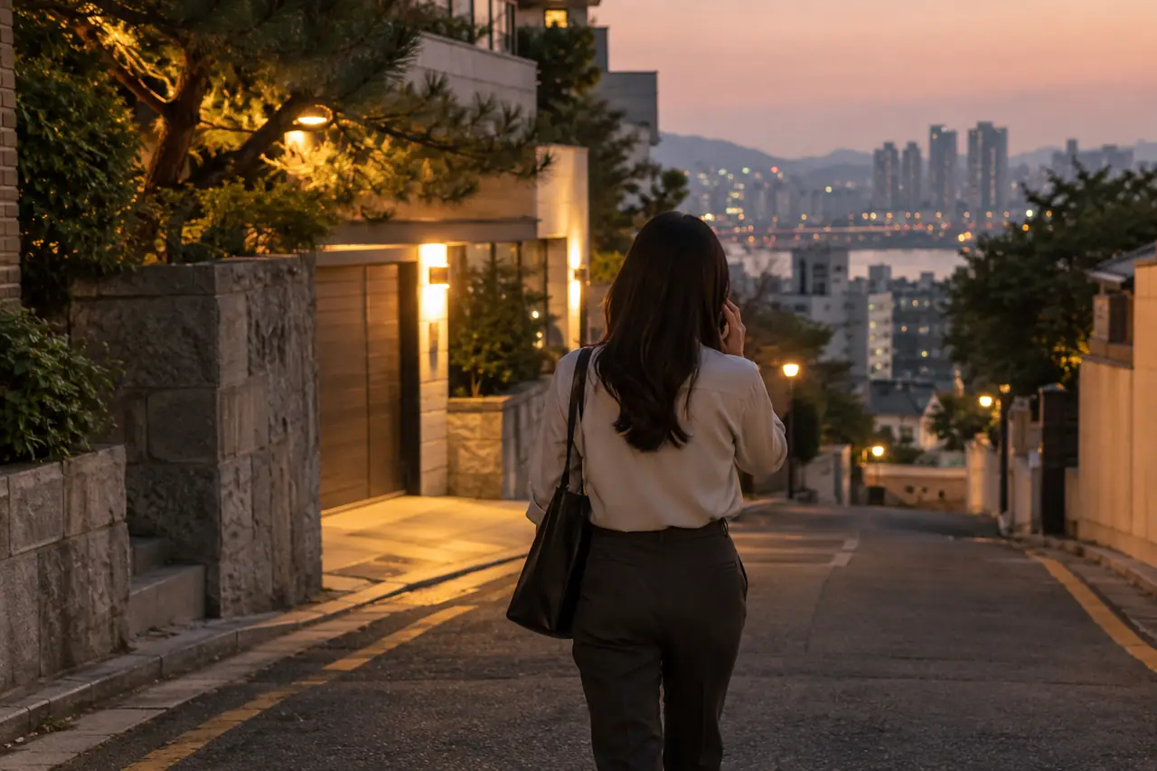 퇴근길 거리에서 통화하며 걷는 직장인 뒷모습