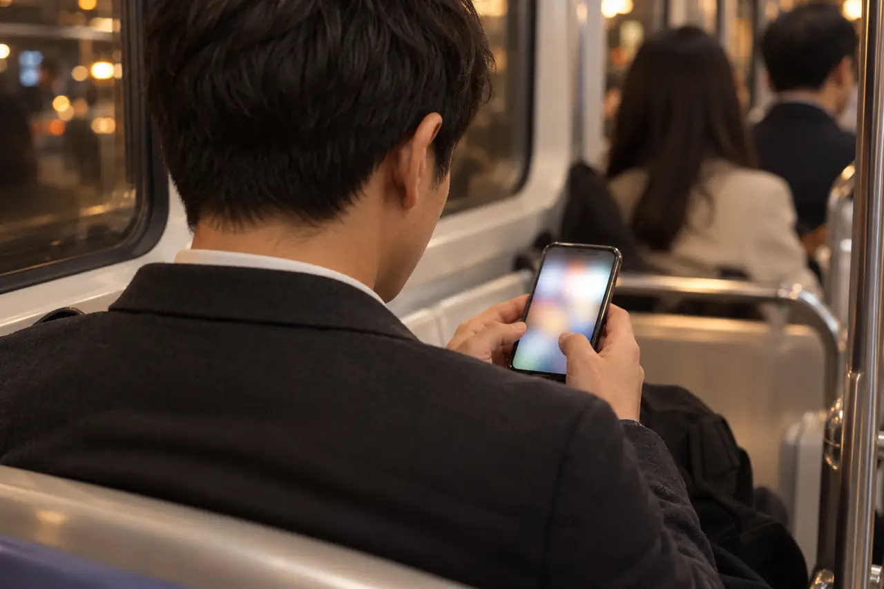 퇴근길 지하철에서 스마트폰을 보는 직장인의 손