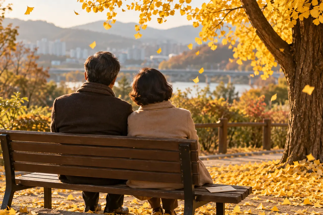가을 공원 벤치에 앉은 50대 부부 뒷모습