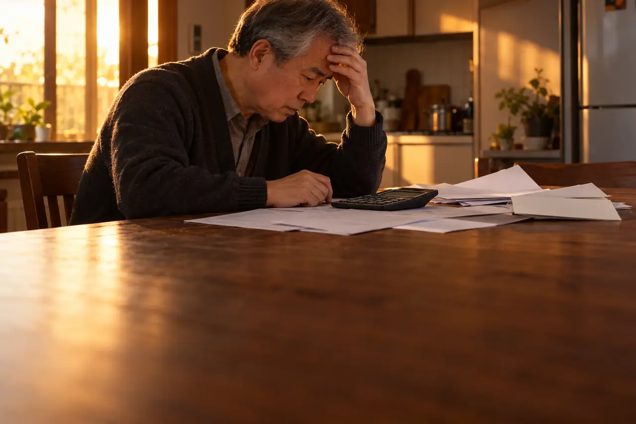 식탁에서 계산기와 퇴직연금 서류를 보며 고민하는 60대 은퇴자