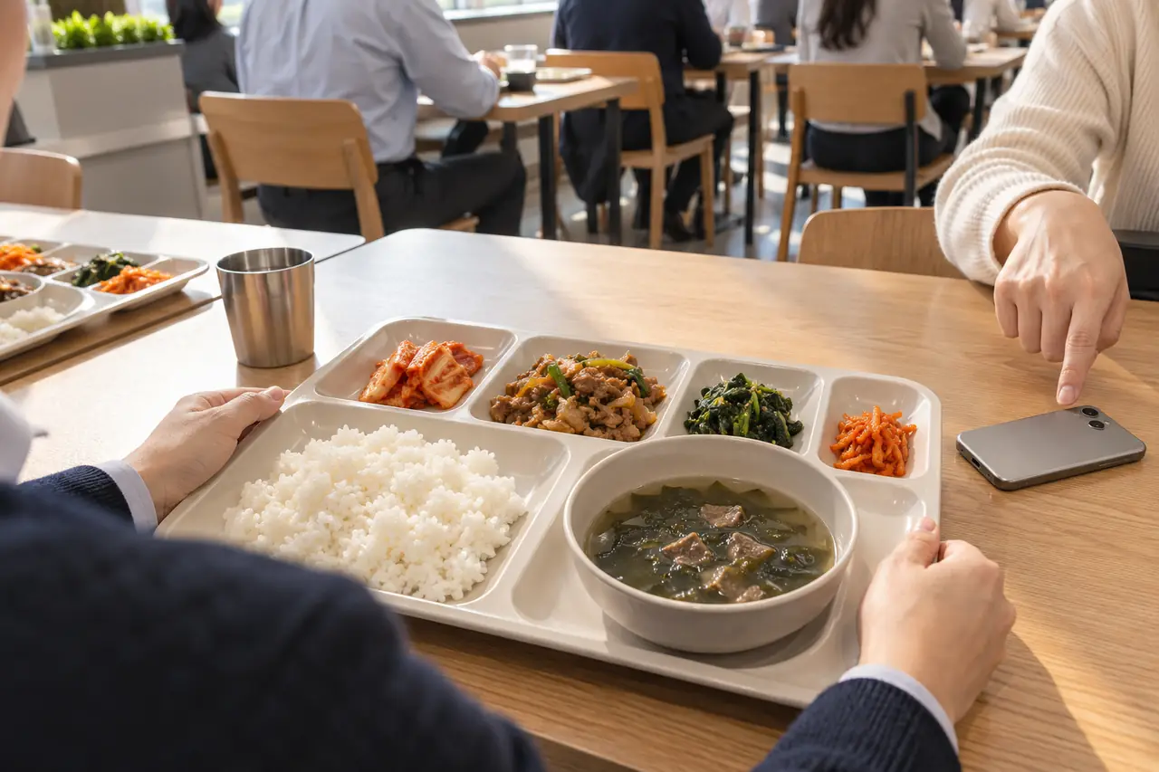 회사 구내식당에서 휴대폰을 가리키며 이야기하는 직장인들의 손