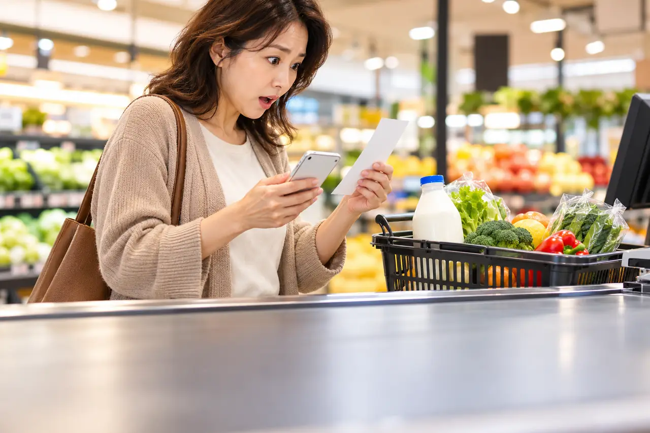 마트 계산대에서 영수증과 휴대폰을 보며 놀란 40대 여성