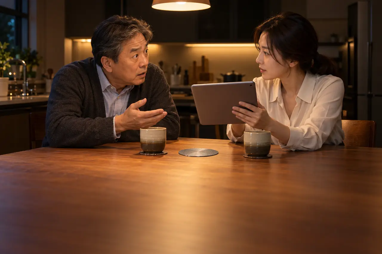 식탁에 마주 앉은 아버지가 딸의 말을 듣고 놀라 되묻는 모습