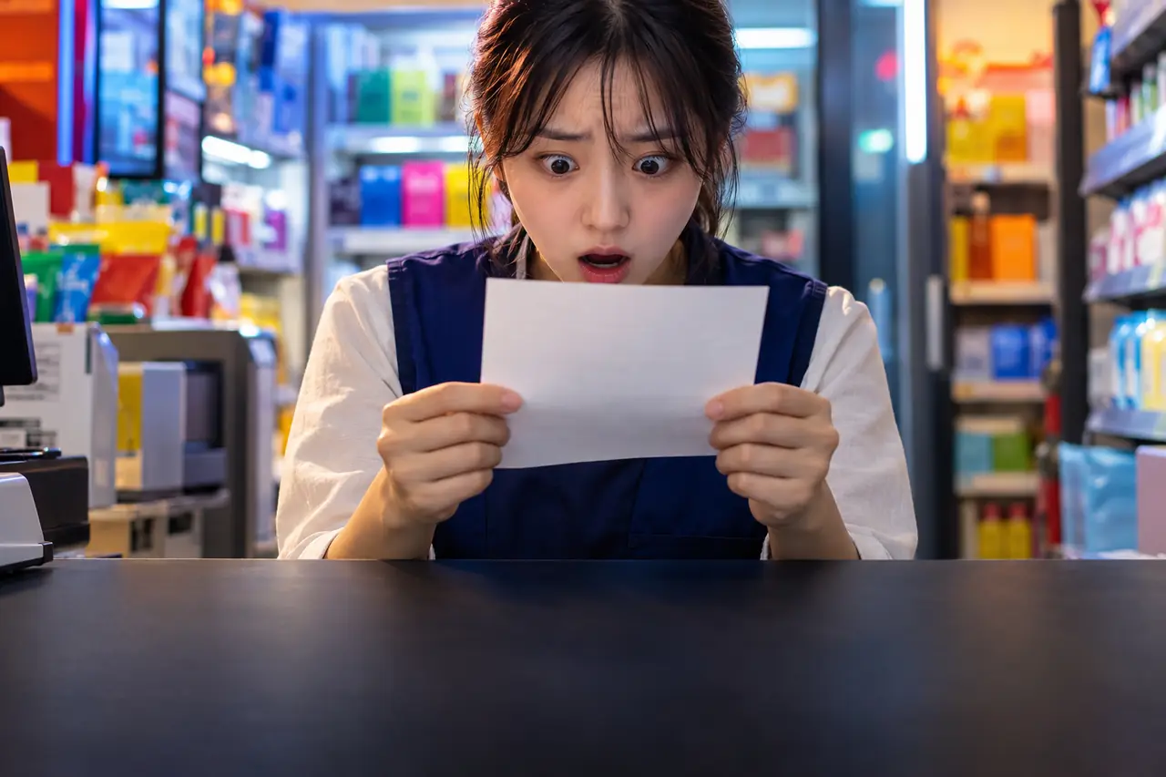 카페 카운터에서 휴대폰과 계산기로 주휴수당을 계산하는 손