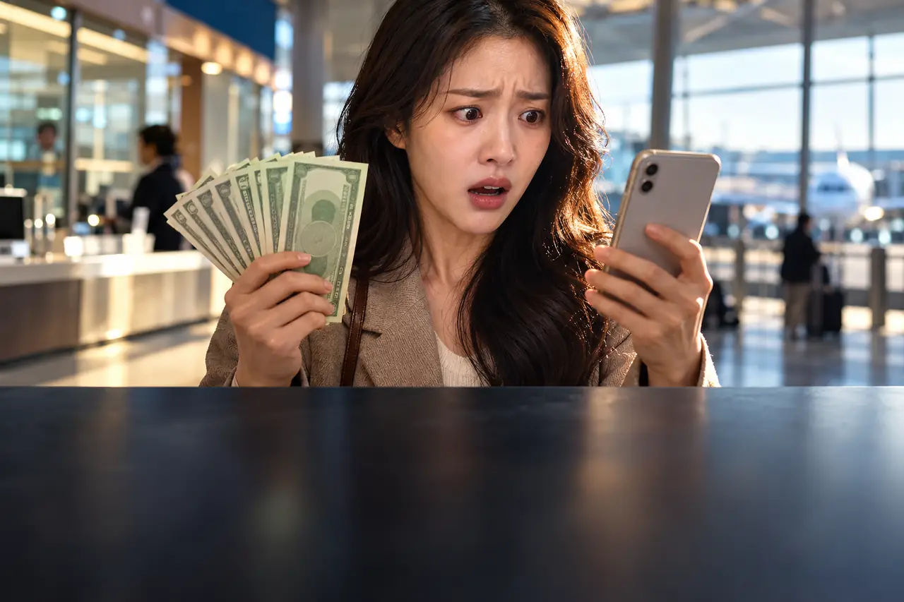 달러 지폐와 휴대폰을 들고 놀란 표정을 짓는 여성